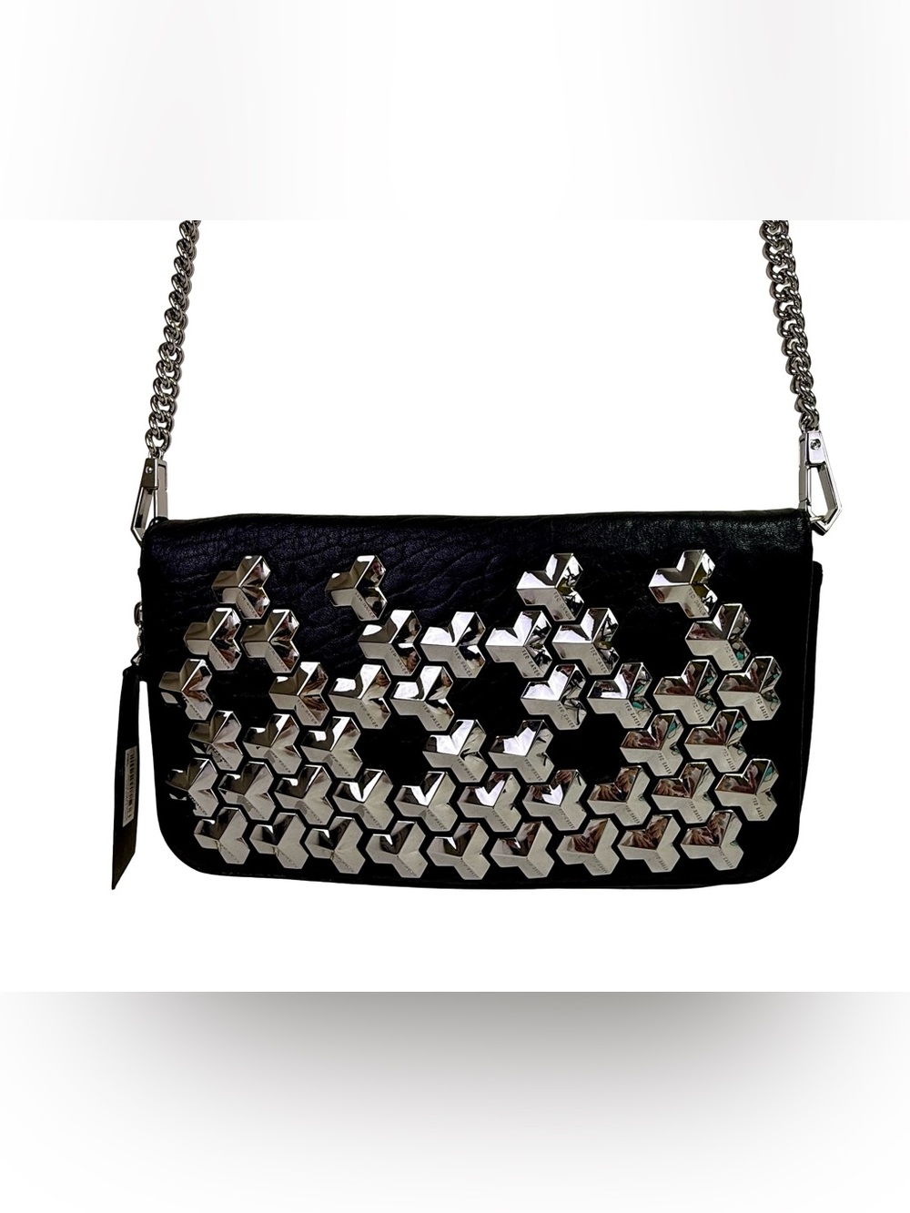 TED BAKER LONDON “DESIREE” TRI-STUD CLUTCH BAG IN BLACK LEATHER